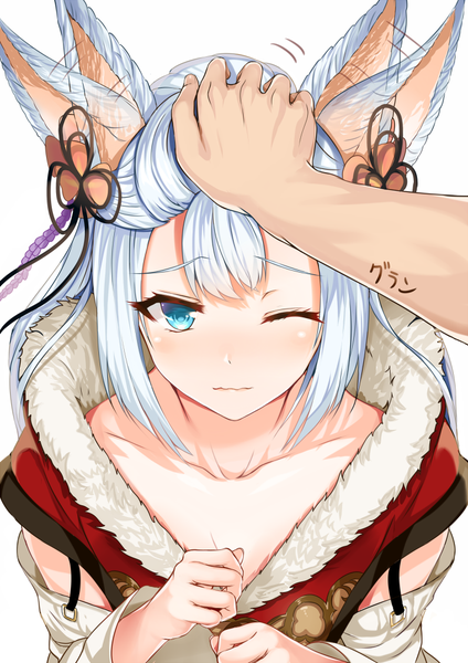 Anime picture 707x1000 with granblue fantasy socie (granblue fantasy) arudehido long hair tall image looking at viewer blush fringe blue eyes simple background white background animal ears payot silver hair long sleeves one eye closed from above wide sleeves fur trim fox ears