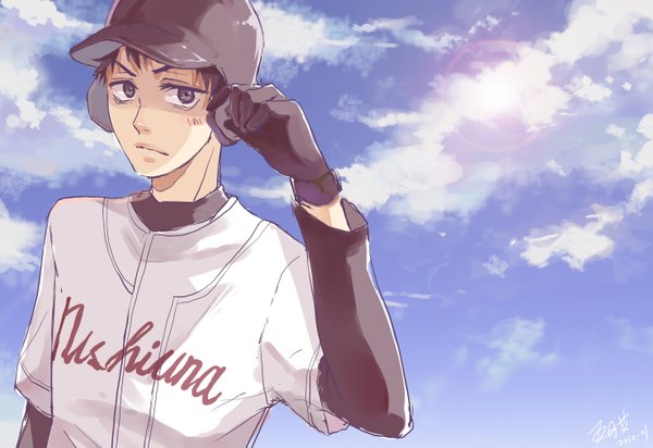 Anime picture 2952x2031 with ookiku furikabutte a-1 pictures takaya abe single highres sky cloud (clouds) lens flare baseball boy baseball uniform