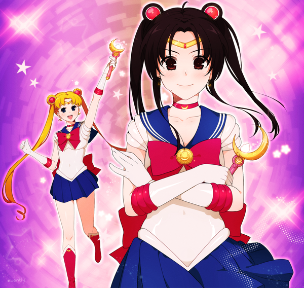 Anime picture 1469x1393 with bishoujo senshi sailor moon toei animation tsukino usagi sailor moon eventh7 long hair looking at viewer blush fringe open mouth blue eyes black hair blonde hair smile twintails multiple girls brown eyes bent knee (knees) very long hair happy