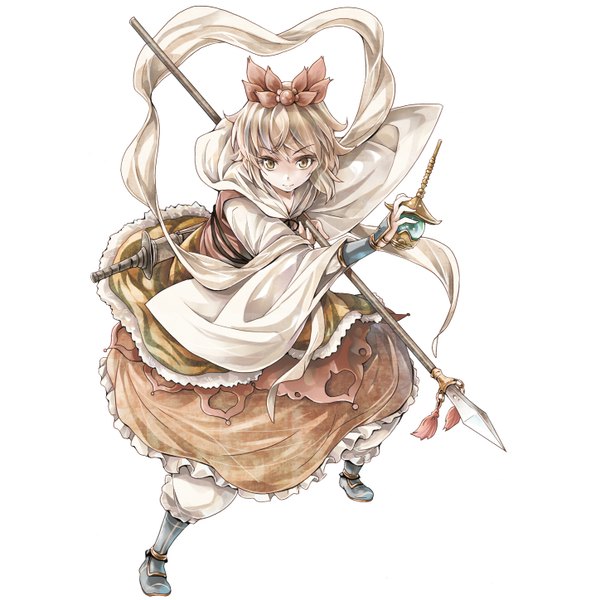 Anime picture 1447x1447 with touhou toramaru shou michii yuuki single looking at viewer short hair blonde hair simple background white background holding yellow eyes traditional clothes light smile girl weapon sword lantern spear