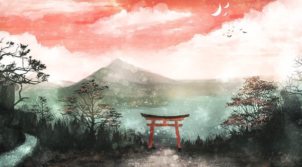 Anime picture 1800x1000 with original akyuun highres wide image sky cloud (clouds) blurry mountain no people landscape scenic crescent nature fog red sky plant (plants) animal tree (trees) water bird (birds)