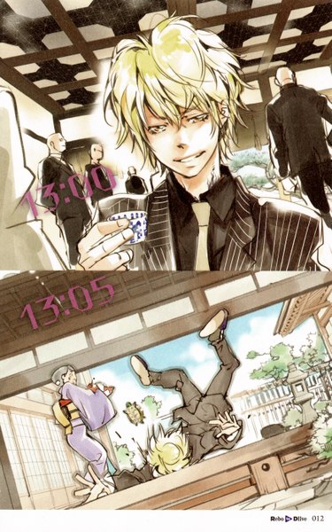 Anime picture 1737x2776 with katekyou hitman reborn rebo to dlive (artbook) dino cavallone enzo (reborn) amano akira tall image looking at viewer highres short hair blonde hair smile standing yellow eyes sky cloud (clouds) traditional clothes japanese clothes scan official art tattoo