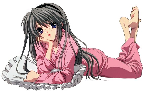 Anime picture 1680x1050 with clannad key (studio) sakagami tomoyo single long hair looking at viewer blush fringe open mouth blue eyes simple background smile wide image white background full body bent knee (knees) lying head tilt :d barefoot