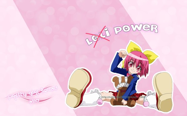Anime picture 1440x900 with needless madhouse mio (needless) single short hair wide image sitting pink hair pink eyes girl bow hair bow toy stuffed animal teddy bear