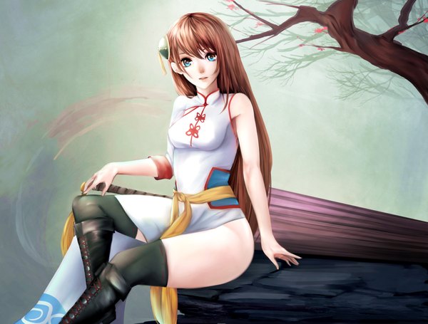 Anime picture 1800x1367 with gintama sunrise (studio) kagura (gintama) zorafi single long hair highres open mouth blue eyes light erotic brown hair chinese clothes girl thighhighs black thighhighs plant (plants) tree (trees) boots belt thigh boots