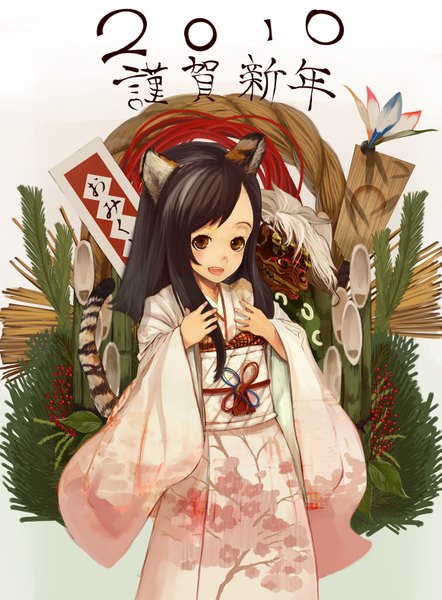 Anime picture 1161x1577 with shirabi single tall image blush open mouth black hair smile brown eyes animal ears tail japanese clothes teeth fang (fangs) girl bow ribbon (ribbons) plant (plants) kimono child (children) dragon