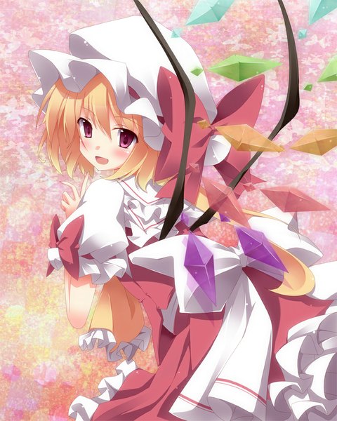 Anime picture 800x1000 with touhou flandre scarlet kurono yuzuko single long hair tall image blush fringe short hair open mouth blonde hair red eyes side ponytail finger to mouth girl skirt wings bonnet skirt set crystal