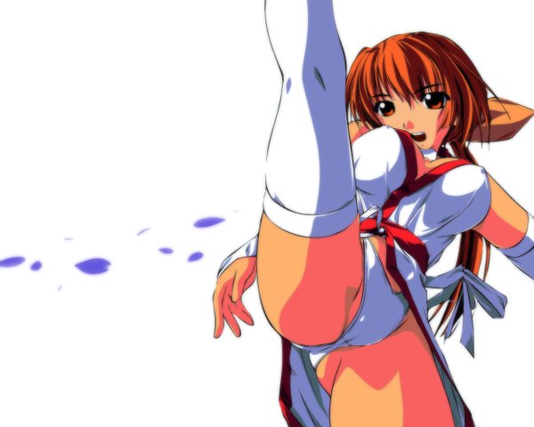 Anime picture 1280x1024 with dead or alive kasumi (doa) amei sumeru light erotic white background kick thighhighs choker