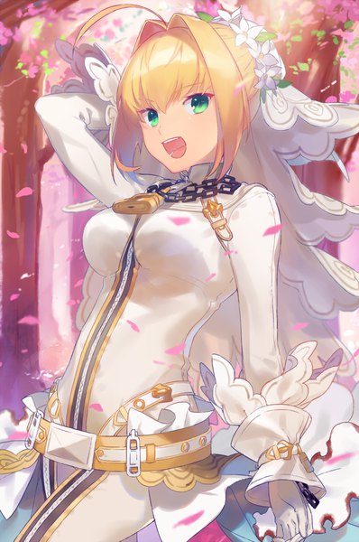 Anime picture 900x1357 with fate (series) fate/extra fate/extra ccc nero claudius (fate) (all) nero claudius (fate) nero claudius (bride) (fate) heiwa (murasiho) single tall image looking at viewer fringe short hair open mouth blonde hair hair between eyes green eyes payot ahoge outdoors cherry blossoms