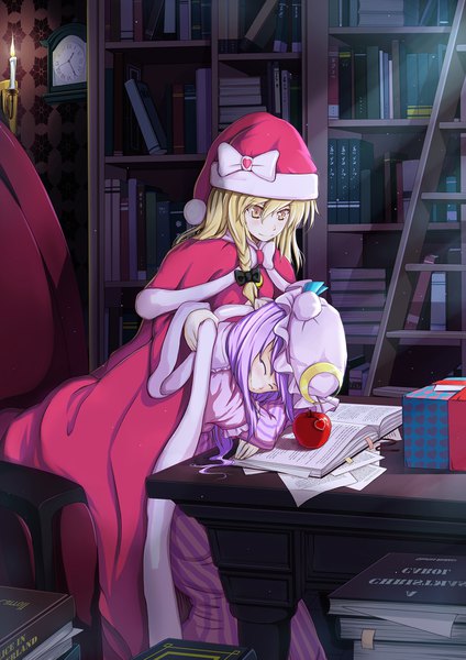 Anime picture 1200x1697 with touhou kirisame marisa patchouli knowledge nian (zhanian) long hair tall image blonde hair smile sitting multiple girls yellow eyes purple hair indoors braid (braids) eyes closed christmas side braid girl dress ribbon (ribbons)