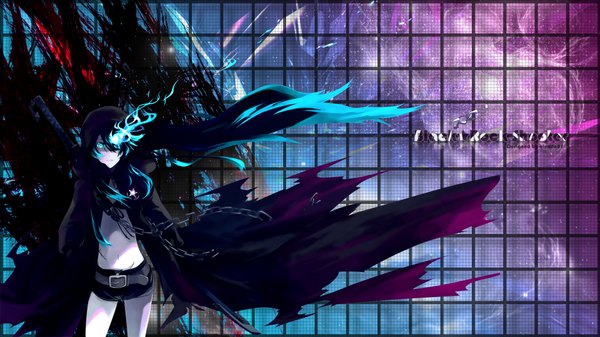 Anime picture 1920x1080 with black rock shooter vocaloid hatsune miku black rock shooter (character) single long hair looking at viewer highres blue eyes black hair wide image twintails glowing glowing eye (eyes) girl weapon sword shorts katana hood