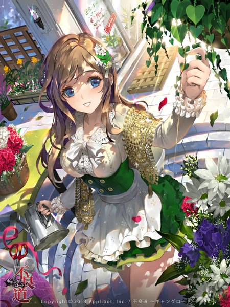 Anime picture 650x866 with furyou michi ~gang road~ tob single long hair tall image blush fringe breasts blue eyes smile brown hair large breasts holding looking away outdoors arm up hair flower wind sunlight inscription