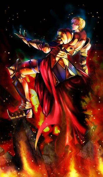 Anime picture 1465x2500 with fate (series) fate/zero type-moon gilgamesh (fate) riko (k riko) single tall image short hair blonde hair red eyes boy earrings armor fire