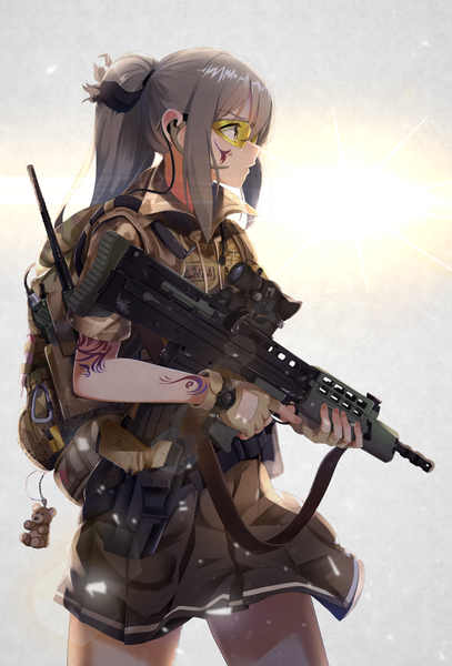 Anime picture 915x1349 with original casino (casinoep) single long hair tall image fringe hair between eyes standing holding yellow eyes payot looking away ponytail profile pleated skirt grey hair short sleeves tattoo lens flare trigger discipline