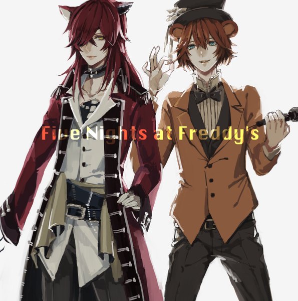 Anime picture 1284x1295 with five nights at freddy's freddy fazbear foxy (five nights at freddy's) ecrumist mash (tartemzmz) long hair tall image looking at viewer fringe short hair simple background smile brown hair animal ears red hair light smile lips hair over one eye multiple boys hand on hip