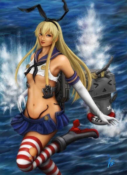 Anime picture 1452x2000 with kantai collection shimakaze destroyer rensouhou-chan ebi (eeotoko) single long hair tall image blue eyes light erotic blonde hair realistic girl thighhighs skirt gloves navel bow weapon hair bow miniskirt