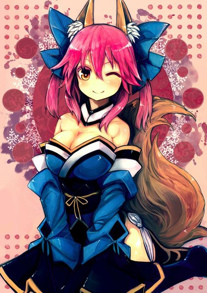 Anime picture 764x1080 with fate (series) fate/extra type-moon tamamo (fate) (all) tamamo no mae (fate) kimiterary single long hair tall image looking at viewer blush breasts smile large breasts sitting brown eyes animal ears pink hair cleavage tail