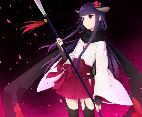 Anime picture 1700x1400 with inu x boku ss david production shirakiin ririchiyo chimachi single long hair purple eyes purple hair japanese clothes hair flower horn (horns) girl thighhighs hair ornament weapon black thighhighs petals scarf bell