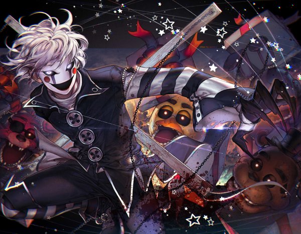 Anime picture 1280x997 with five nights at freddy's kawacy single looking at viewer short hair blonde hair bent knee (knees) outstretched arm glowing glowing eye (eyes) white eyes blood stains boy belt star (symbol) blood chain mask buttons zipper