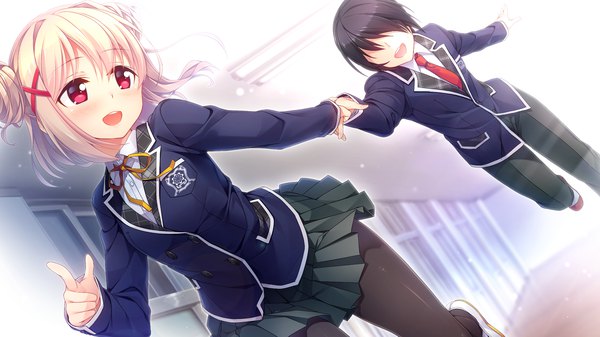 Anime picture 2560x1440 with omokage suzu hinami blush highres short hair open mouth black hair blonde hair red eyes wide image game cg pleated skirt no face faceless male girl boy skirt uniform school uniform pantyhose
