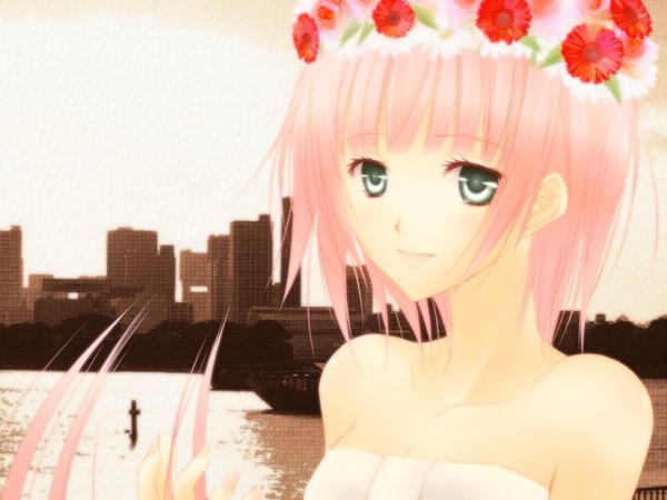 Anime picture 1600x1200 with vocaloid megurine luka harukaze tsukushi single short hair bare shoulders green eyes pink hair light smile face girl wreath