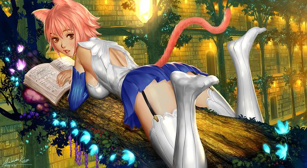 Anime picture 1200x660 with original ariver kao single looking at viewer short hair breasts light erotic wide image brown eyes signed animal ears pink hair tail animal tail cat ears cat girl cat tail girl thighhighs skirt