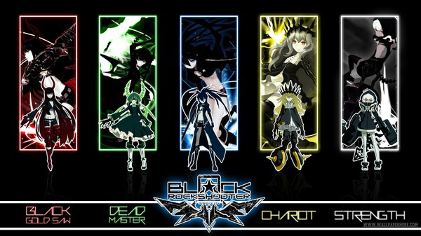 Anime picture 1920x1080 with black rock shooter black rock shooter (character) dead master strength (black rock shooter) black gold saw chariot (black rock shooter) huke long hair highres short hair open mouth blue eyes black hair blonde hair red eyes wide image twintails multiple girls green eyes blue hair
