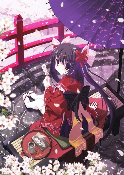 Anime picture 2175x3062 with original eshi 100-nin ten nanao naru long hair tall image highres black hair traditional clothes japanese clothes looking back black eyes cherry blossoms girl thighhighs hair ornament petals white thighhighs umbrella obi