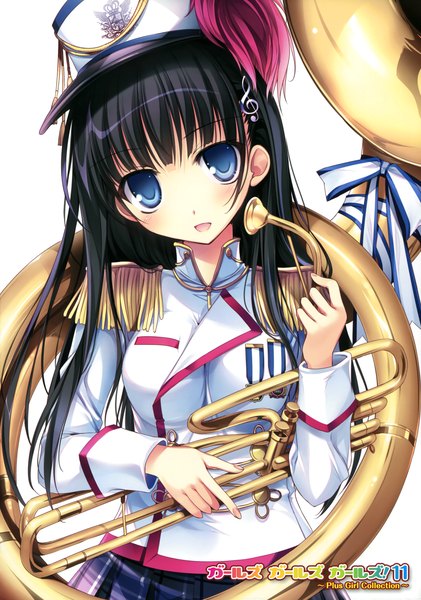 Anime picture 2529x3600 with girls, girls, girls! 11 (artbook) karory single long hair tall image looking at viewer blush highres open mouth blue eyes black hair white background scan official art girl suit musical instrument peaked cap