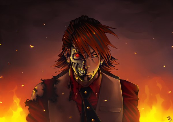 Anime picture 1039x731 with tiger & bunny sunrise (studio) kaburagi t. kotetsu ebitetsu stacynavka single short hair red eyes red hair piercing torn clothes mechanical parts boy shirt necktie vest fire beard android