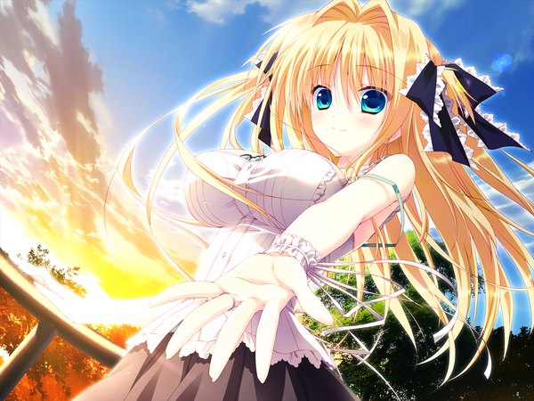 Anime picture 1280x960 with hoshizora e kakaru hashi doga kobo nanamori seira long hair blush blue eyes blonde hair smile game cg evening sunset girl dress ribbon (ribbons) hair ribbon