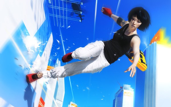 Anime picture 1920x1200 with mirror's edge faith connors highres short hair open mouth black hair wide image sky realistic tattoo looking down running shot girl building (buildings) bag t-shirt single glove hands helicopter