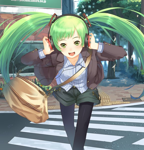 Anime picture 819x850 with project diva f 2nd vocaloid hatsune miku yamamoto shima single long hair tall image blush open mouth standing twintails holding green eyes green hair sunlight aqua hair leaning leaning forward happy street