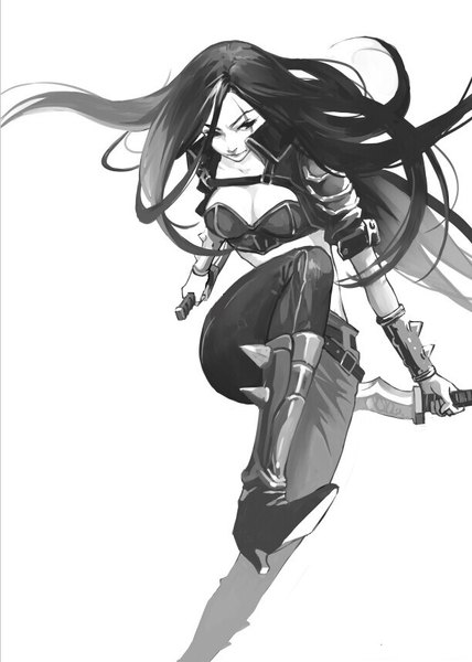 Anime picture 612x858 with league of legends katarina (league of legends) loli bushi single long hair tall image looking at viewer simple background standing white background bent knee (knees) bare belly facial mark monochrome leg lift (legs lift) girl weapon sword boots bracelet