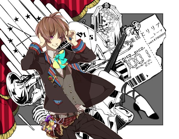 Anime picture 1153x896 with vocaloid nico nico singer bis (nico nico singer) saikawa single short hair smile brown hair purple eyes inscription bone (bones) boy bow shirt belt star (symbol) toy vest suit musical instrument