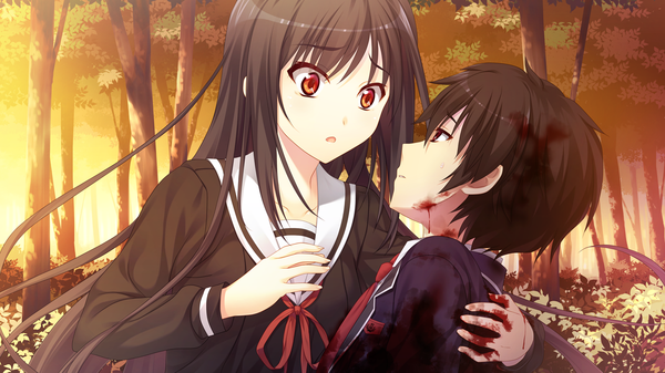 Anime picture 1280x720 with houkago no futekikakusha suenaga haruka (houkago no futekikakusha) long hair short hair open mouth black hair red eyes wide image game cg couple girl boy uniform plant (plants) school uniform tree (trees) blood