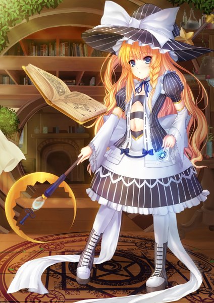 Anime picture 1697x2400 with touhou kirisame marisa rayxray single long hair tall image looking at viewer blue eyes blonde hair braid (braids) magic witch girl dress bow detached sleeves boots book (books) witch hat magic circle
