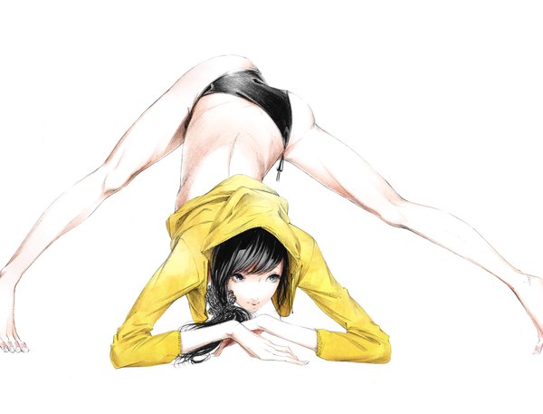 Anime picture 1170x892 with sousou (sousouworks) single long hair blue eyes light erotic black hair simple background white background ass barefoot no shoes back girl underwear panties hood toes