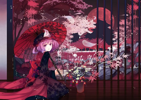 Anime picture 1052x744 with touhou saigyouji yuyuko rain lan single looking at viewer fringe short hair breasts sitting purple eyes holding purple hair traditional clothes japanese clothes alternate costume reflection flying glow red moon hollow