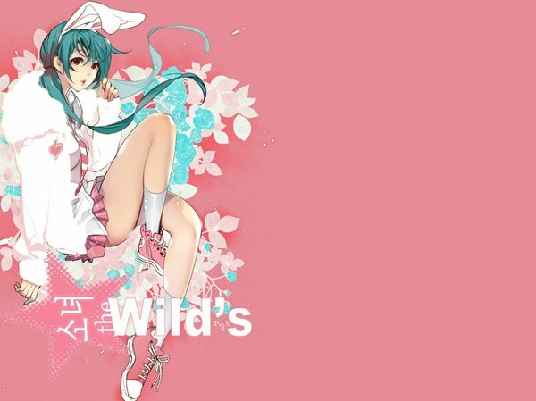 Anime picture 1187x890 with girl of the wild's single long hair red eyes blue hair bunny ears pink background girl skirt shirt socks shoes jacket white socks