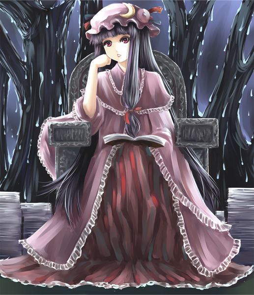 Anime picture 1000x1161 with touhou patchouli knowledge vetina single long hair tall image looking at viewer purple eyes purple hair girl dress bow hair bow book (books) bonnet
