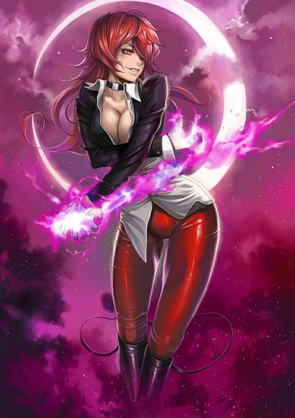 Anime picture 744x1053 with the king of fighters snk yagami iori dantewontdie single long hair tall image fringe breasts light erotic red eyes looking away cleavage red hair hair over one eye open clothes no bra open shirt crescent genderswap