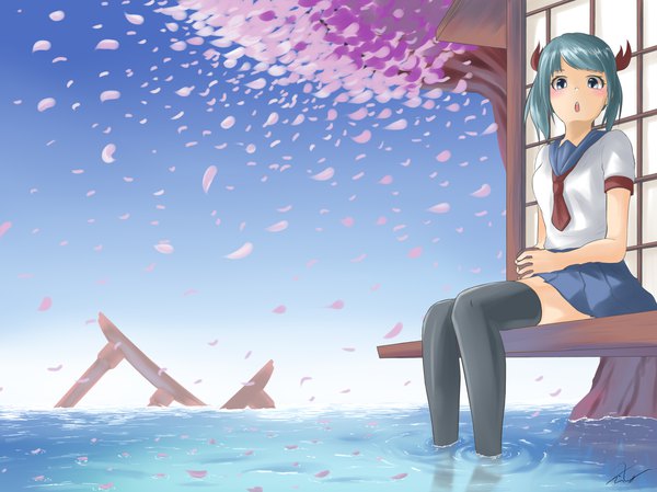 Anime picture 2362x1771 with original bu li single looking at viewer blush fringe highres short hair open mouth sitting pleated skirt aqua hair :o short sleeves grey eyes soaking feet girl thighhighs skirt uniform