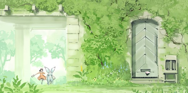 Anime picture 1200x595 with original mary (pixiv) wide image outdoors nature running overgrown girl dress flower (flowers) plant (plants) animal tree (trees) leaf (leaves) building (buildings) chair red dress door letter