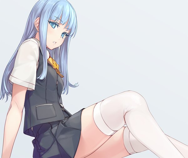 Anime picture 900x760 with kantai collection hatsukaze destroyer rokuwata tomoe single long hair looking at viewer blush fringe blue eyes light erotic simple background sitting blue hair grey background girl thighhighs uniform school uniform white thighhighs