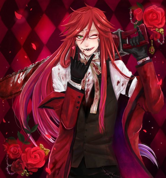 Anime picture 1112x1190 with kuroshitsuji a-1 pictures grell sutcliff katasumi (pixiv) long hair tall image smile green eyes red hair one eye closed wink teeth sharp teeth boy gloves flower (flowers) bow glasses tongue rose (roses)