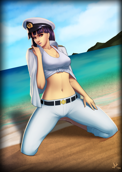 Anime picture 3508x4961 with deilan12 (artist) single long hair tall image looking at viewer highres breasts red eyes absurdres purple hair lips bare belly midriff spread legs kneeling girl navel belt t-shirt flat cap