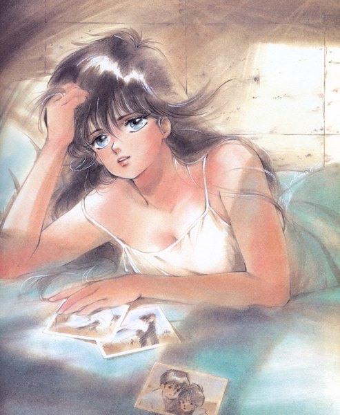 Anime picture 1947x2367 with kimagure orange road ayukawa madoka takada akemi single long hair tall image highres blue eyes light erotic black hair bare shoulders no bra on stomach oldschool 80s girl