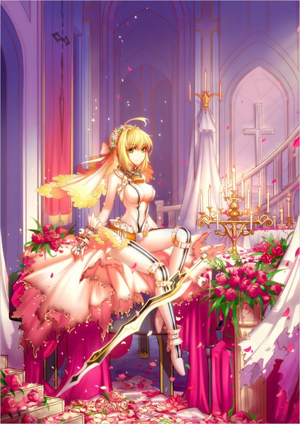 Anime picture 738x1042 with fate (series) fate/extra fate/extra ccc type-moon nero claudius (fate) (all) nero claudius (fate) nero claudius (bride) (fate) kira (artist) single tall image breasts light erotic blonde hair large breasts sitting green eyes cleavage ahoge hair flower unzipped