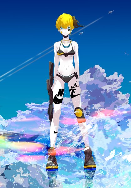 Anime picture 1395x2000 with original nike hoshima single tall image fringe short hair blue eyes light erotic blonde hair standing holding looking away sky cloud (clouds) pale skin product placement girl weapon swimsuit